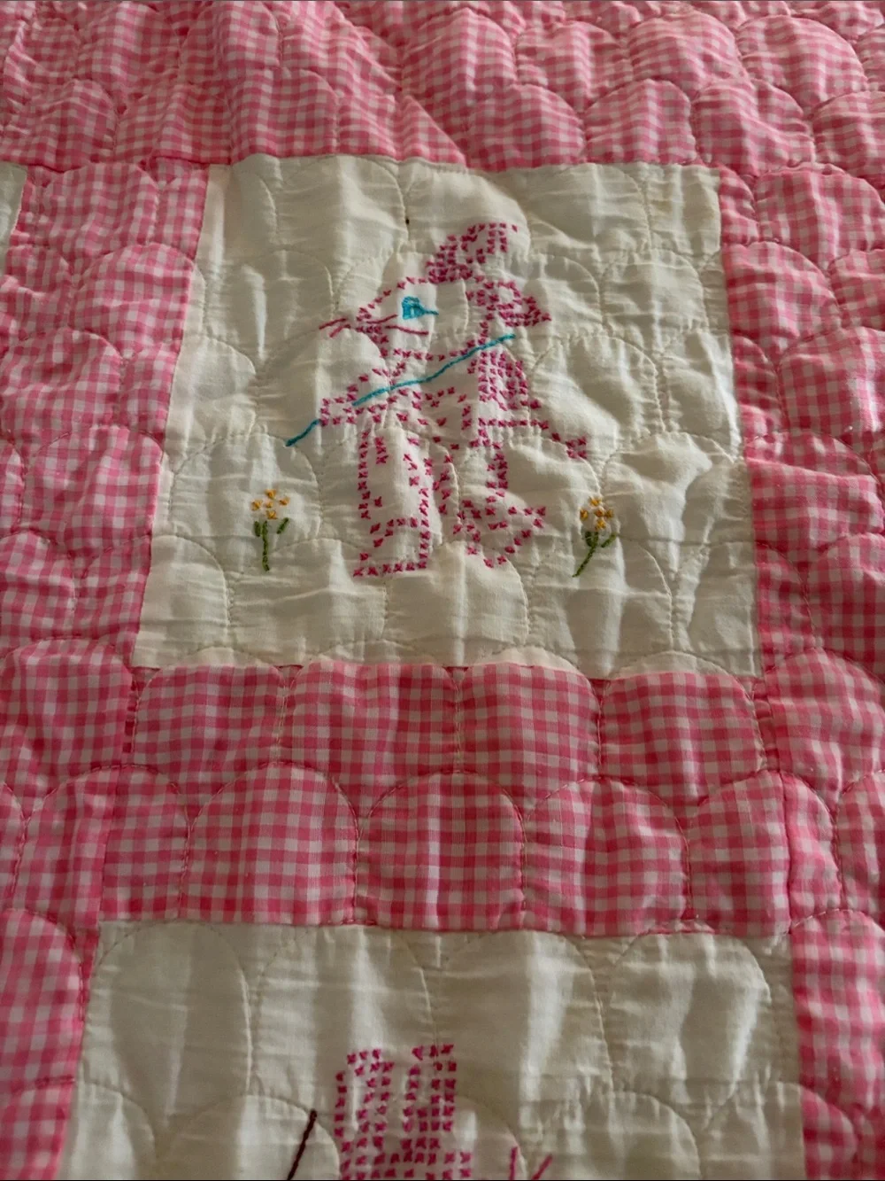 Pink and White Embroidered Baby Quilt - Cute Animal Patchwork handmade vintage